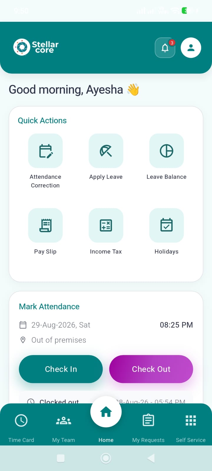 Stellar Core mobile app home screen with quick actions and check-in