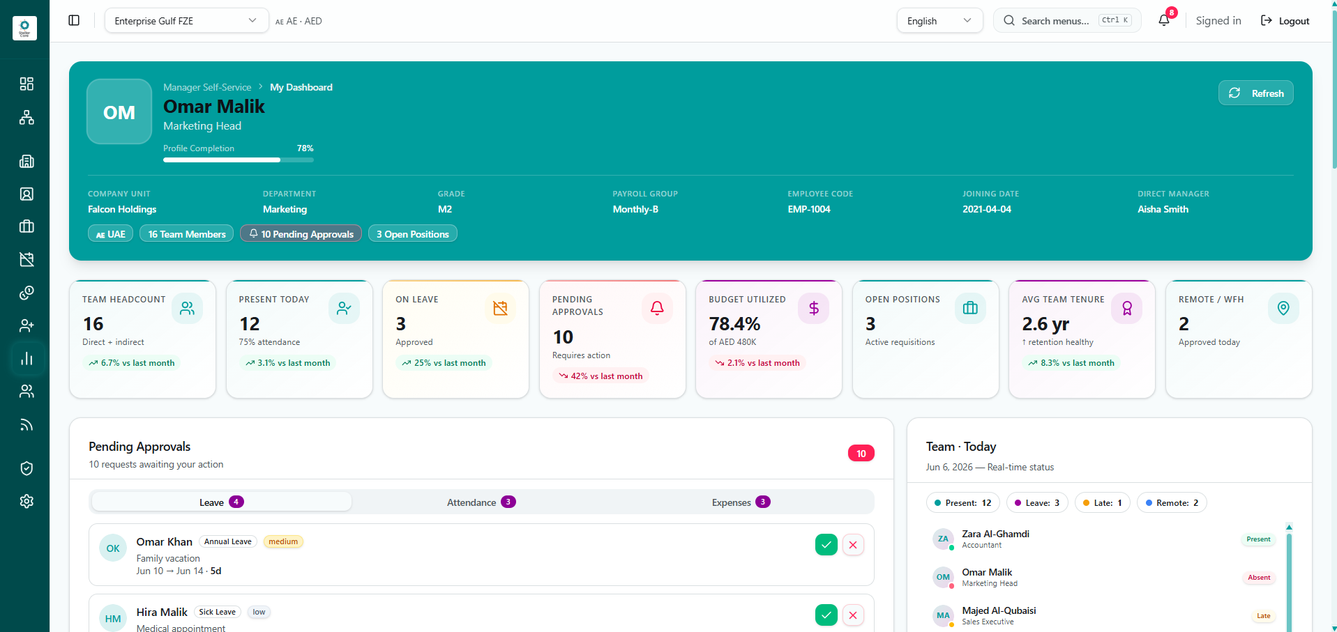 Stellar Core manager dashboard with team status and approvals