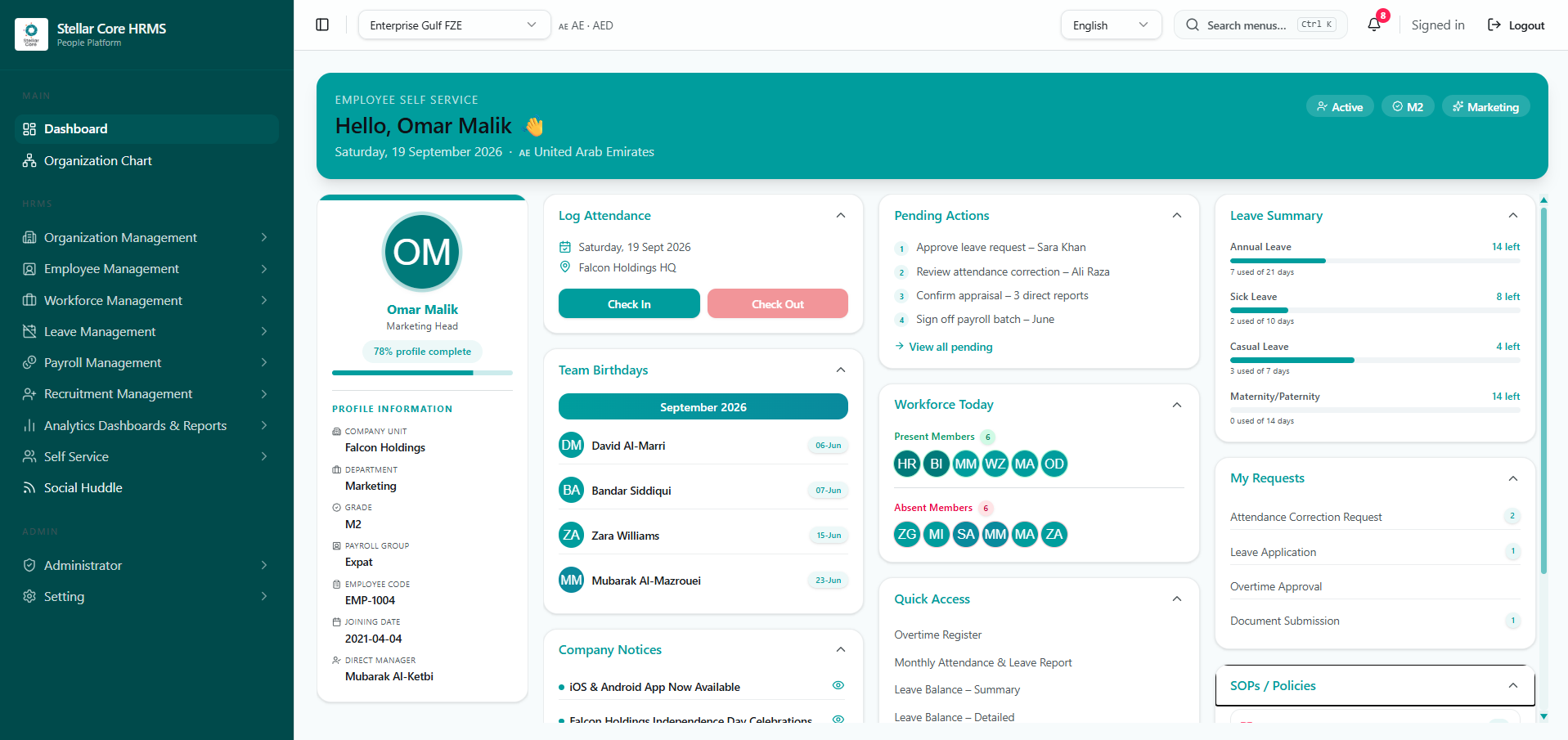 Stellar Core employee self-service dashboard on the web
