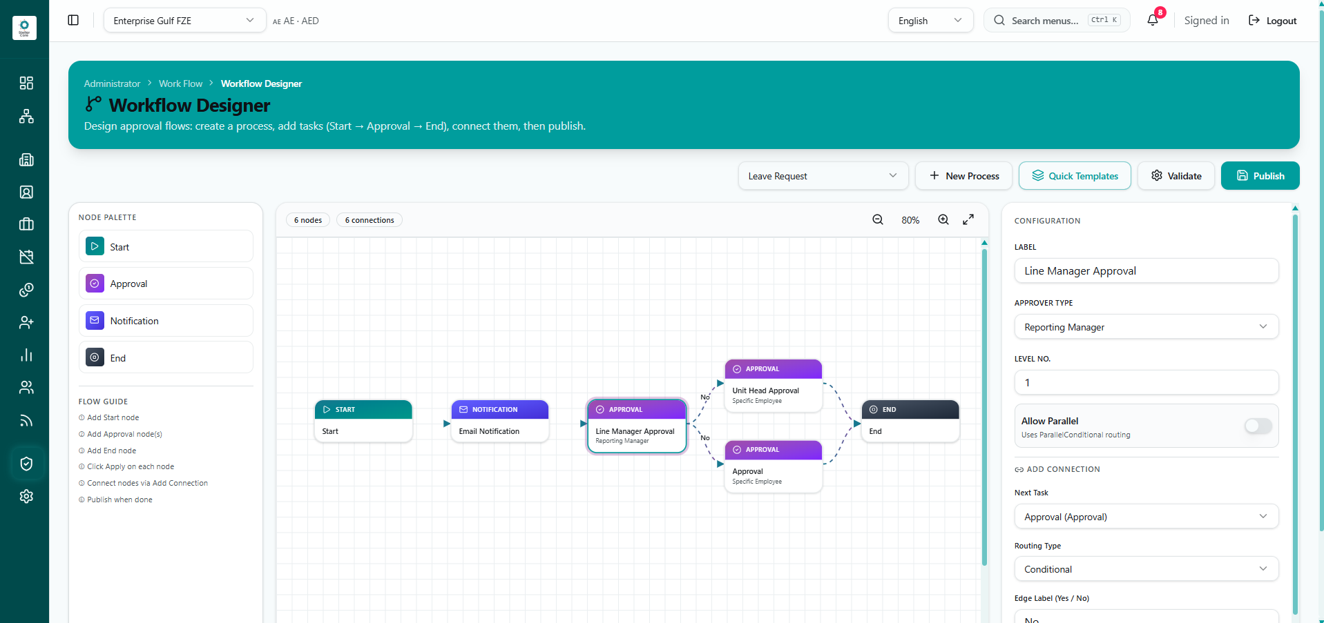 Stellar Core workflow designer with a leave approval flow
